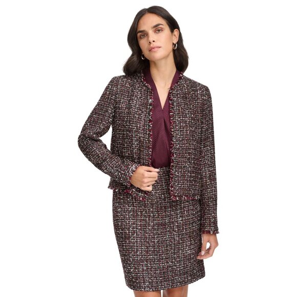 NWT Calvin Klein Open Front Tweed Blazer Jacket S47JW609 Black Red Multi 6 - Picture 1 of 8